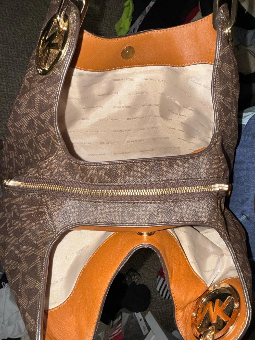Michael Kors Brown Monogram Shoulder Tote with Tan Handles and Gold Hardware